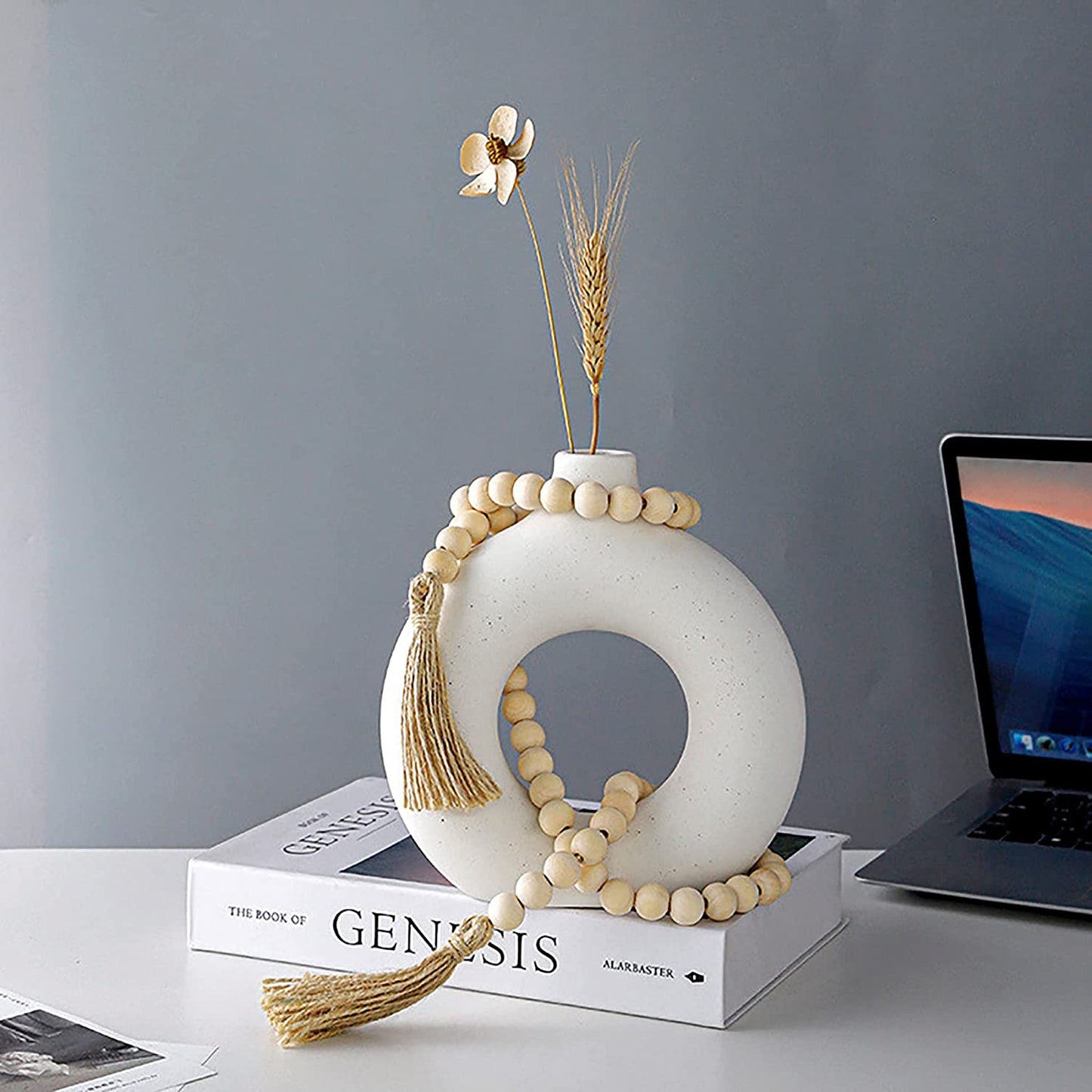 Modern White Ceramic Vase With Wood Bead Ring - Bình Gốm Trắng Hiện Đại Kèm Vòng Hạt Gỗ