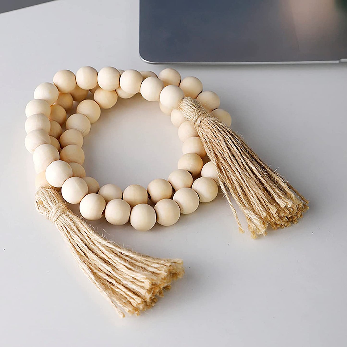 Modern White Ceramic Vase With Wood Bead Ring - Bình Gốm Trắng Hiện Đại Kèm Vòng Hạt Gỗ